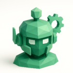 Low-poly green robot head with a gear, symbolizing white-label AI automation and streamlined efficiency