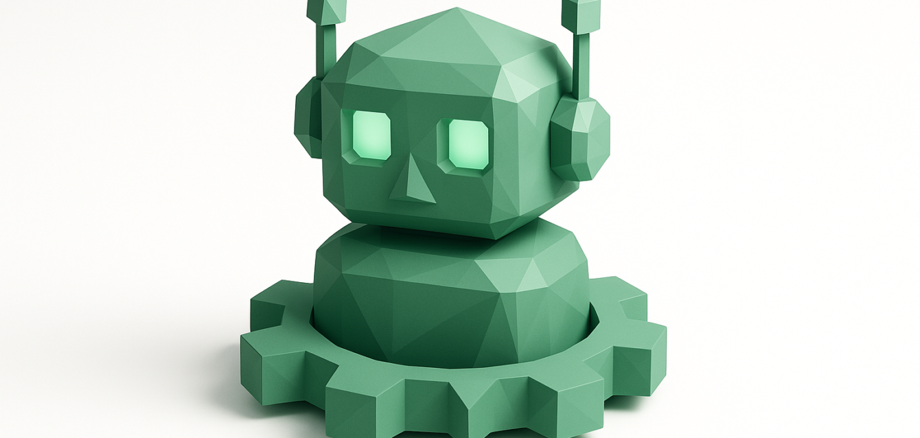 Low-poly green robot head with glowing eyes emerging from a gear on a white background, symbolizing AI automation and business efficiency