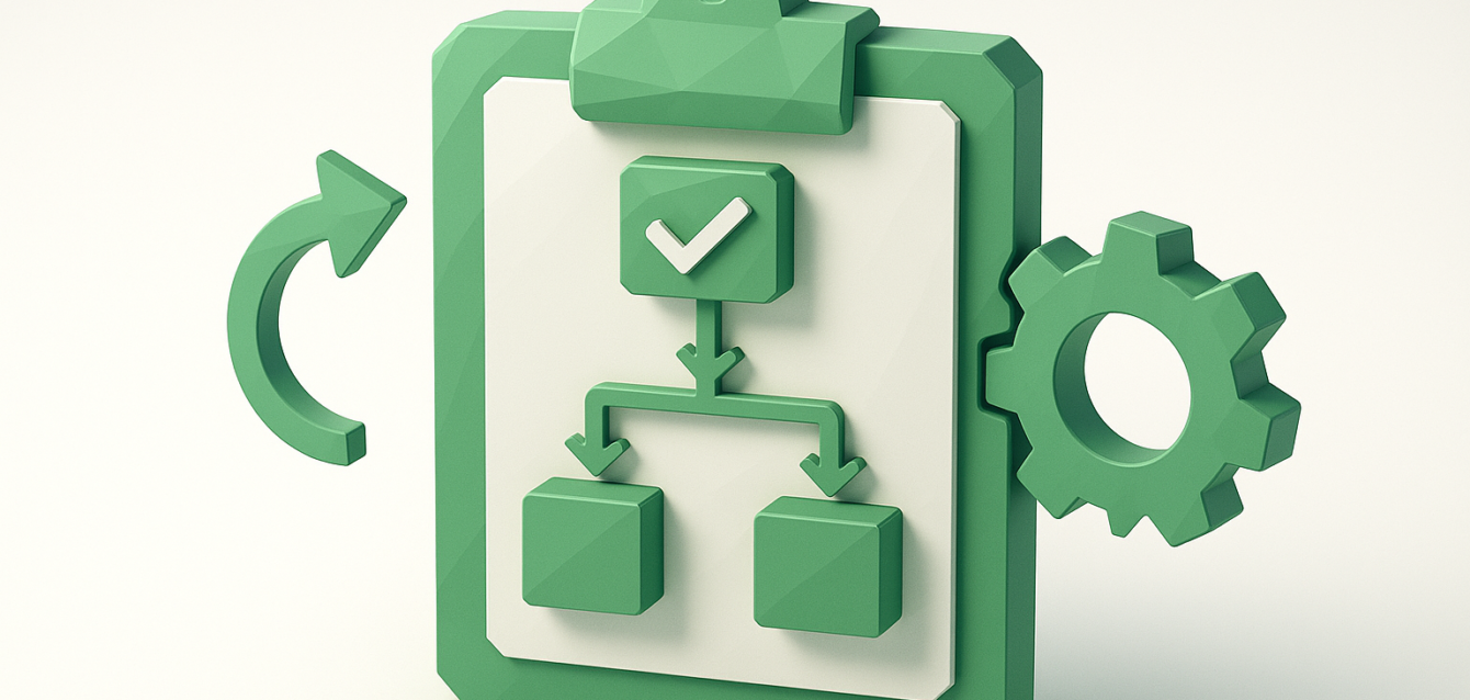 Green 3D clipboard with a flowchart diagram, checkmark, branching boxes, circular arrow and gear, symbolizing workflow audit services and process optimization to streamline operations.