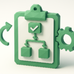Streamline Your Operations with Workflow Audit Services 6 Green 3D clipboard with a flowchart diagram, checkmark, branching boxes, circular arrow and gear, symbolizing workflow audit services and process optimization to streamline operations.