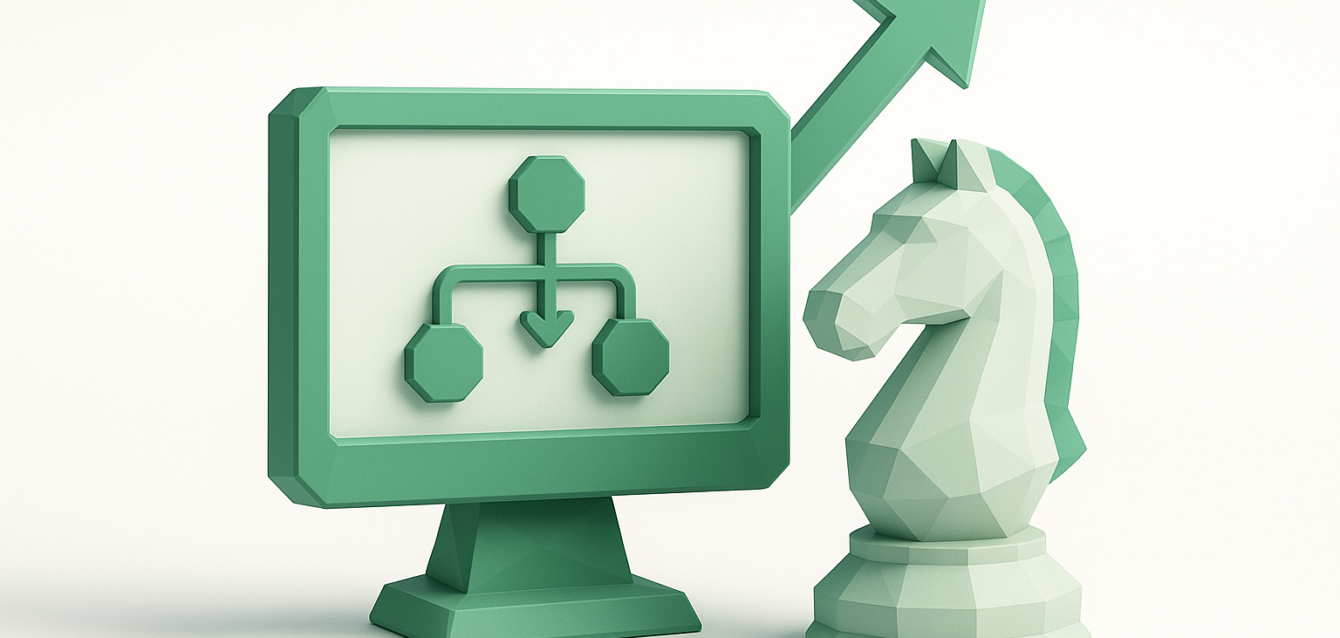 3D illustration of a green monitor displaying a decision flowchart beside a geometric chess knight and an upward arrow, symbolizing AI strategy consulting for self-driving enterprises.