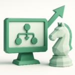 3D illustration of a green monitor displaying a decision flowchart beside a geometric chess knight and an upward arrow, symbolizing AI strategy consulting for self-driving enterprises.