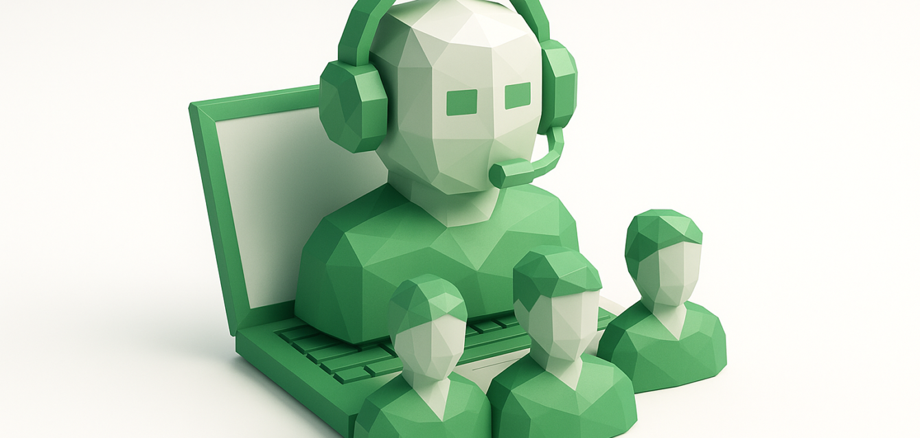 Streamline Service with AI Support Team Outsourcing Green low-poly AI support agent with headset emerging from a laptop alongside three faceless team avatars, symbolizing AI support team outsourcing to streamline customer service