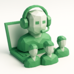 Green low-poly AI support agent with headset emerging from a laptop alongside three faceless team avatars, symbolizing AI support team outsourcing to streamline customer service