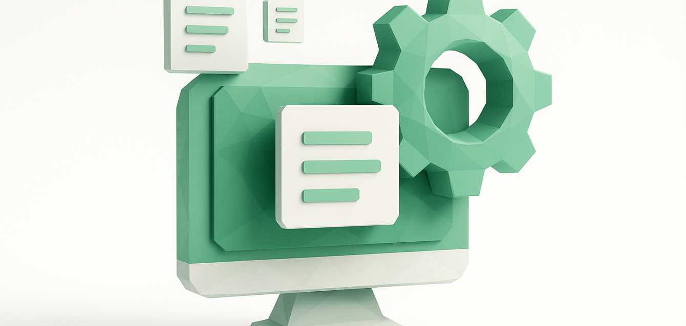 Low-poly green computer monitor with floating document icons and a gear symbolizing automated content creation and agency workflows
