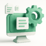Low-poly green computer monitor with floating document icons and a gear symbolizing automated content creation and agency workflows
