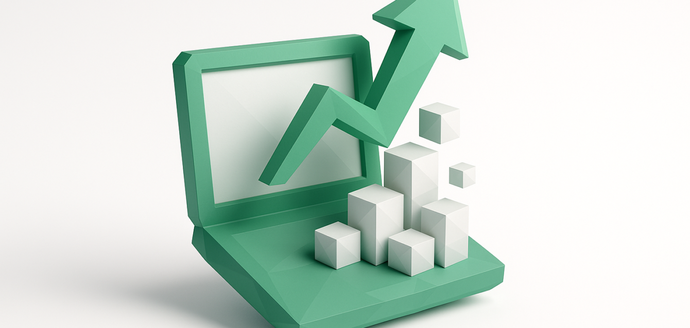 3D green laptop with an upward arrow and bar-chart cubes, representing a digital transformation agency driving measurable growth and results