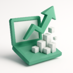 3D green laptop with an upward arrow and bar-chart cubes, representing a digital transformation agency driving measurable growth and results