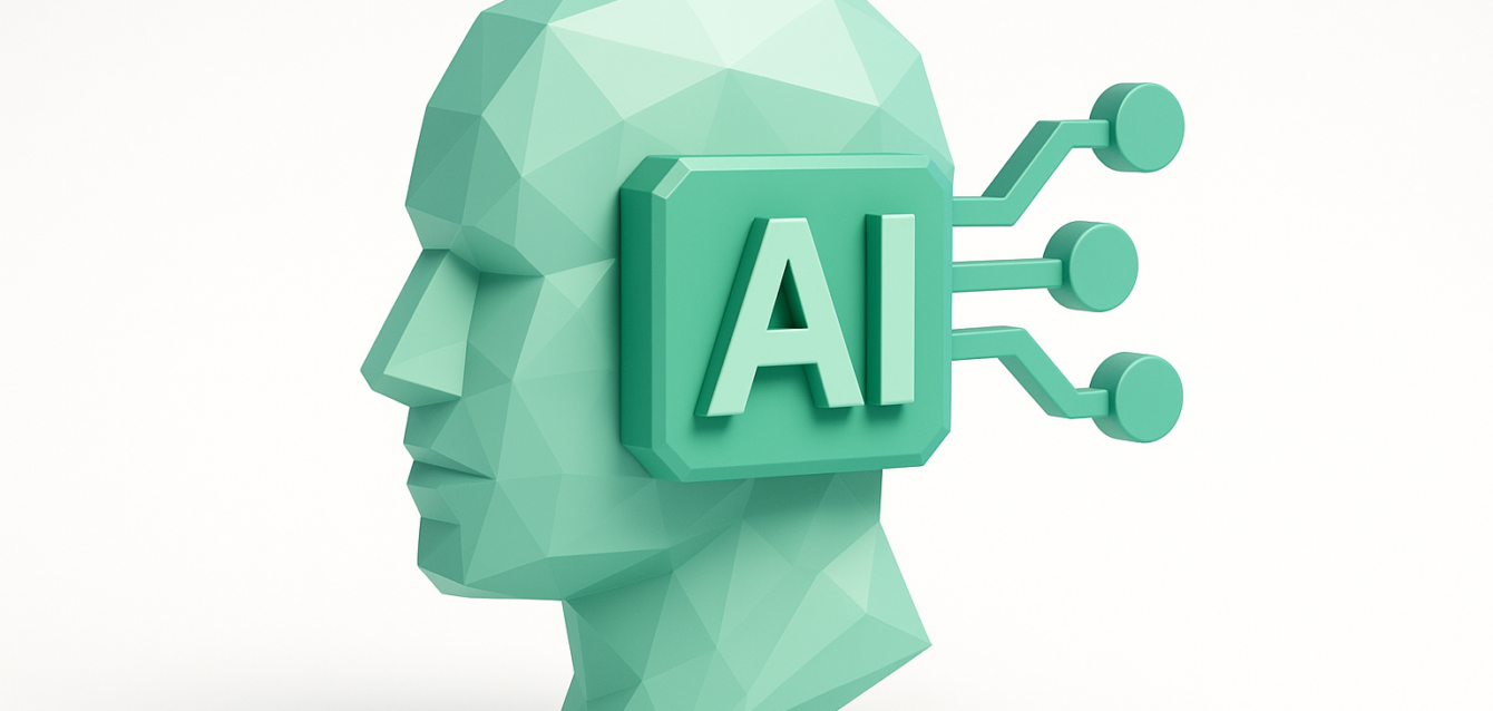 Turquoise geometric human head with an AI chip and circuit connectors, symbolizing fractional AI officer services and executive AI leadership