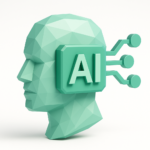 Turquoise geometric human head with an AI chip and circuit connectors, symbolizing fractional AI officer services and executive AI leadership