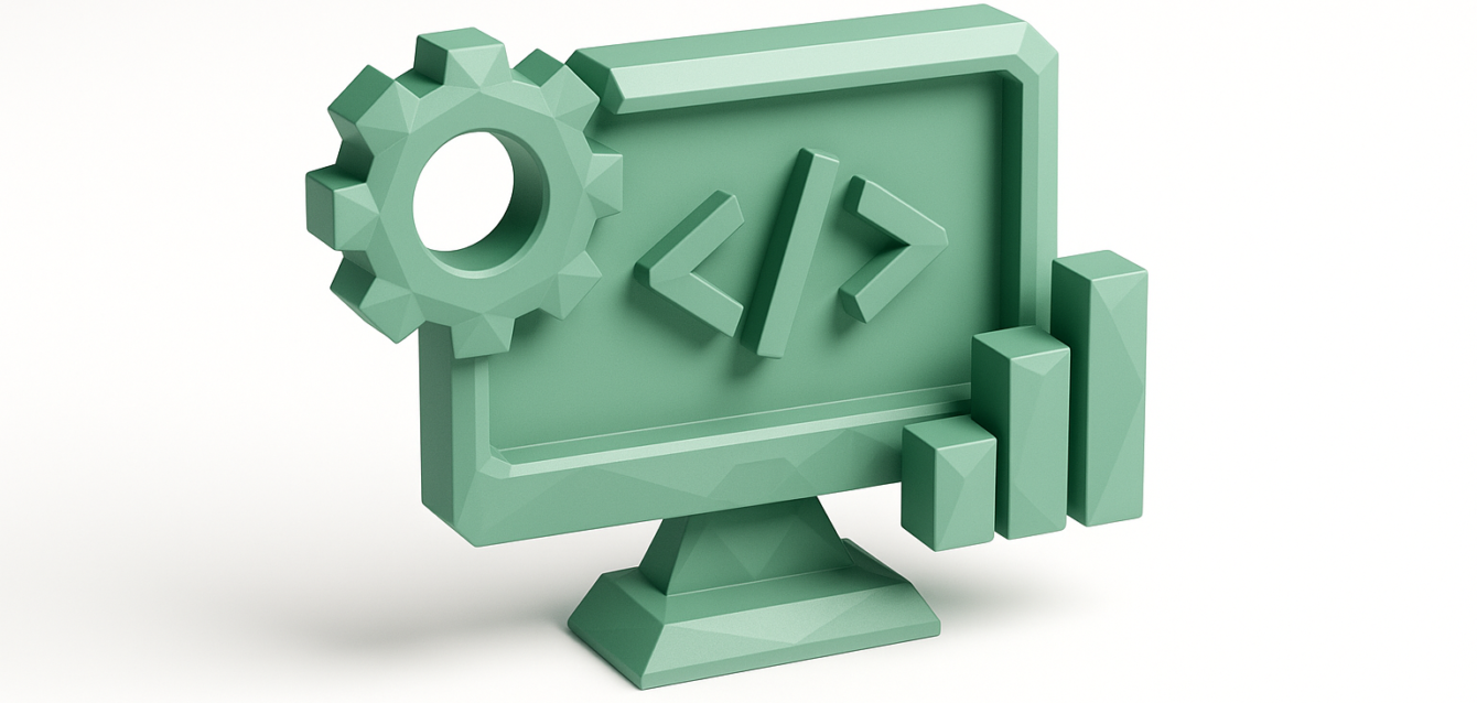 3D green monitor with code tags, gear and bar chart representing internal tool development and analytics to streamline operations for an Internal Tool Development Agency