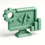 Internal Tool Development Agency: Streamline Operations Today 4 3D green monitor with code tags, gear and bar chart representing internal tool development and analytics to streamline operations for an Internal Tool Development Agency