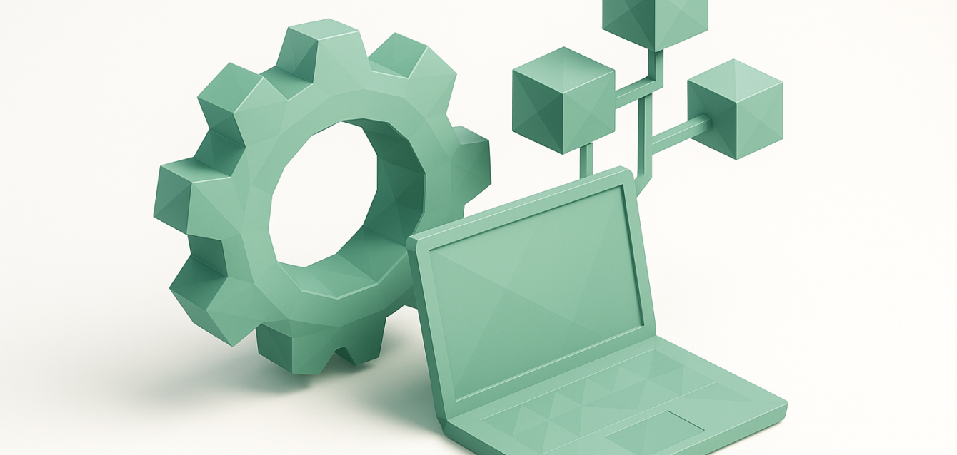 Stylized 3D mint-green gear, laptop and connected cubes symbolizing operations automation, workflow integration and consulting for a 2026 guide