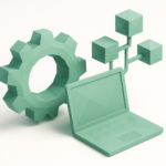 Stylized 3D mint-green gear, laptop and connected cubes symbolizing operations automation, workflow integration and consulting for a 2026 guide